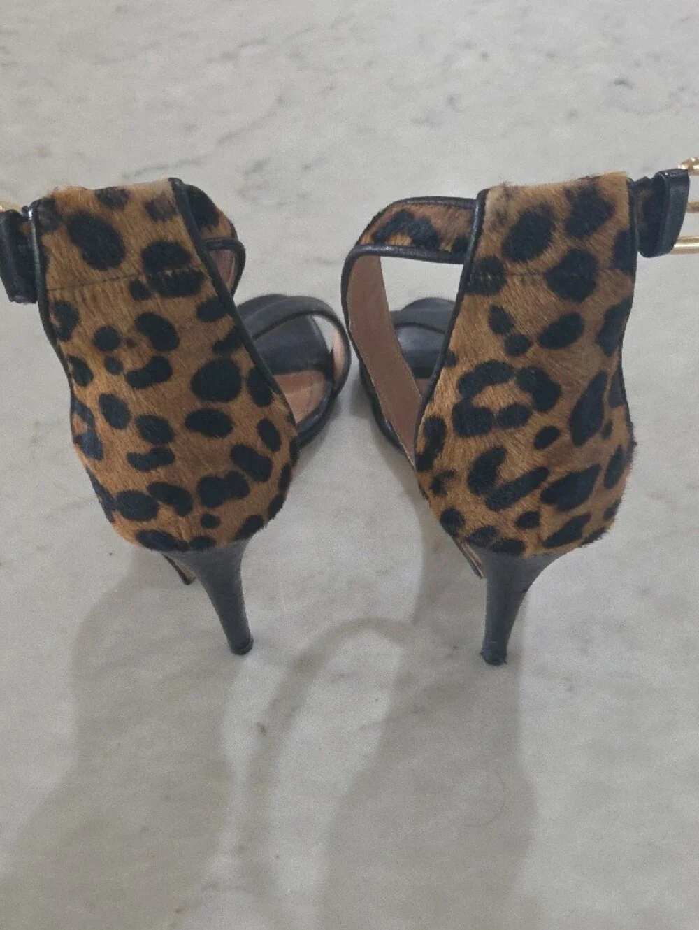 Veronica Beard Black Leather Sandals with Leopard Ankle Straps